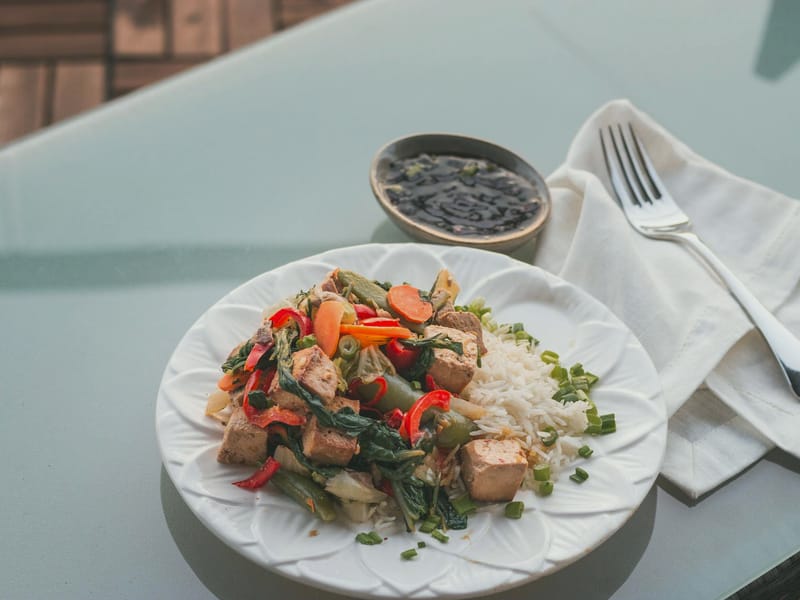 Baked Tofu and Veggie Stir-fry with Basmati Brown Rice — Dinner, 556 kcal, 28g protein