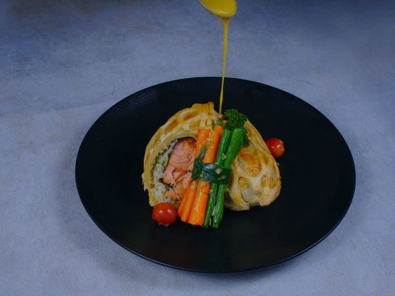 French in a Flash: Salmon with Sorrel and Asparagus en Papillote Recipe — Dinner, 359 kcal, 31g protein